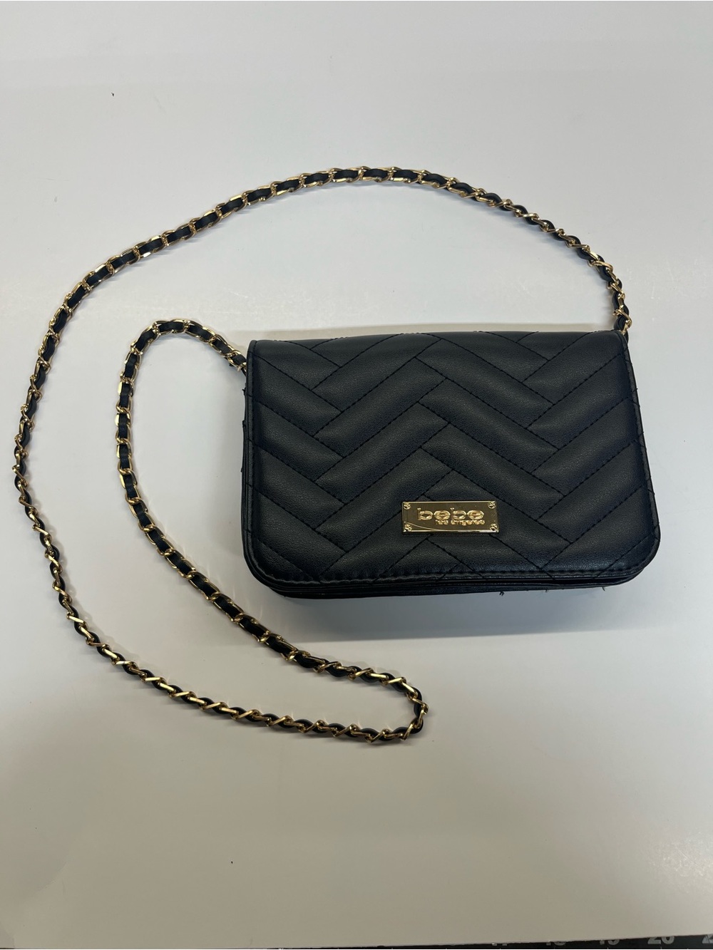 bebe Black Quilted Crossbody with Gold Chain